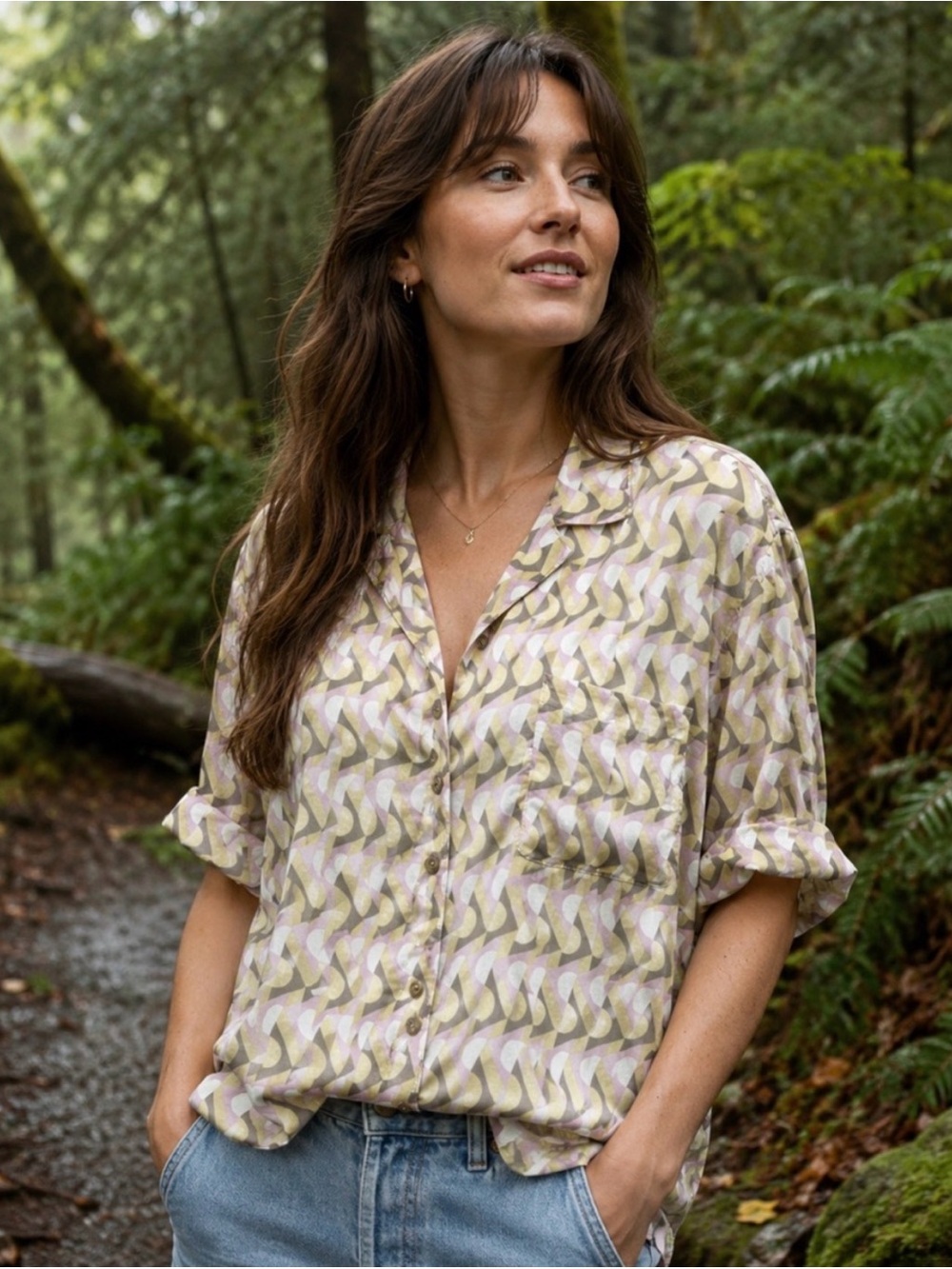 Prana Iguana Geometric Button-Down Shirt in Olive & Cream multi-sizes NWT